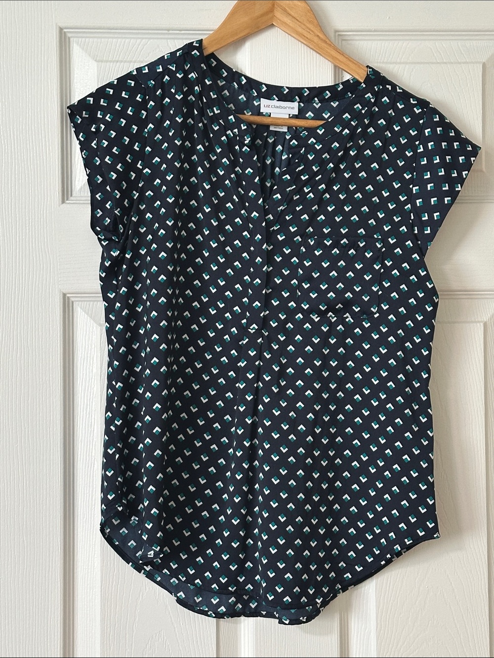 Liz Claiborne Navy Blouse with Aqua Geometric Print